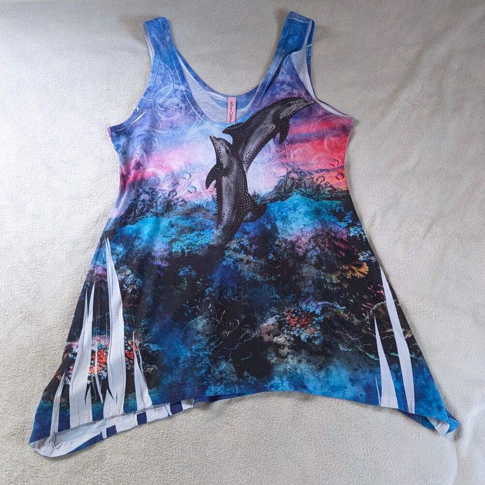 Y2K Dolphin Graphic Tank Top Women's Large Blue - Picture 2 of 7